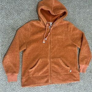 Free2B Women's Full Zip Hooded Sherpa Fleece Jacket Hoodie Large Orange Cozy EUC